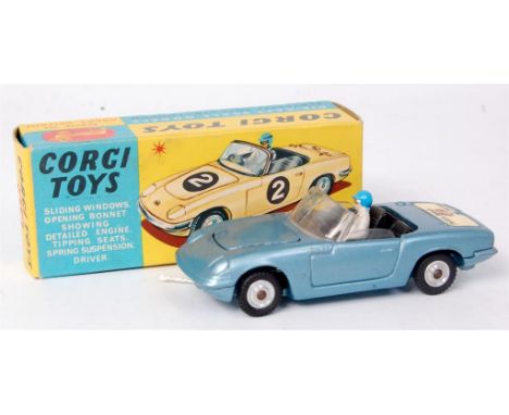 Corgi Toys, 318 Lotus Elan S2, metallic steel blue body with spun hubs and driver, with bonnet transfer, no racing number dec