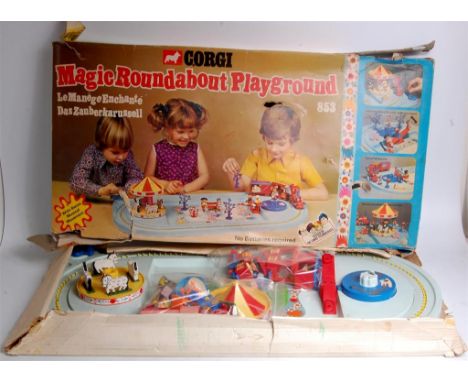 Corgi Toys, 853 Magic Roundabout playground, appears complete but requires cleaning, box is significantly damaged (G,Ba/f)