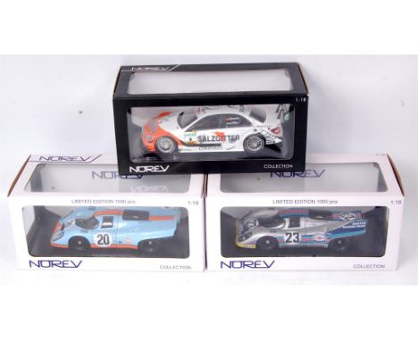 3 boxed as issued 1/18th scale Norev diecast vehicles to include Mercedes C-Class DTM 2011, Porsche 917K "GULF" Le Mans 1970,