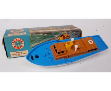 Scalex Boats, s432 Express Luxury Motor Yacht, clockwork, all plastic with white hull and blue deck, yellow funnel with brown