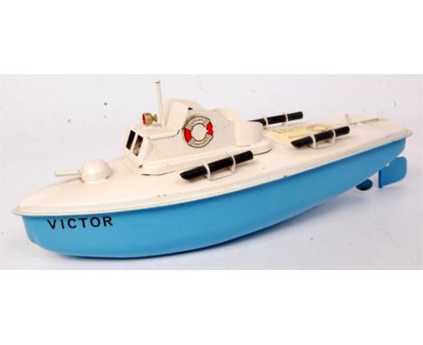 Sutcliffe Models, Victor Motor torpedo boat, clockwork, light blue hull with white deck and superstructure, with clear bung a