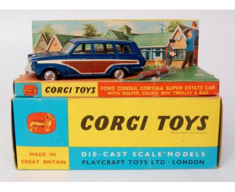 Corgi Toys, 440 Ford Consul Cortina Super Estate, metallic blue body with white interior, brown side panels, with golfer figu