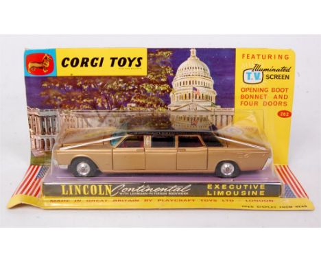 Corgi Toys, 262 Lincoln Continental Executive Limousine, metallic gold body with black roof and red interior, spun hubs, with