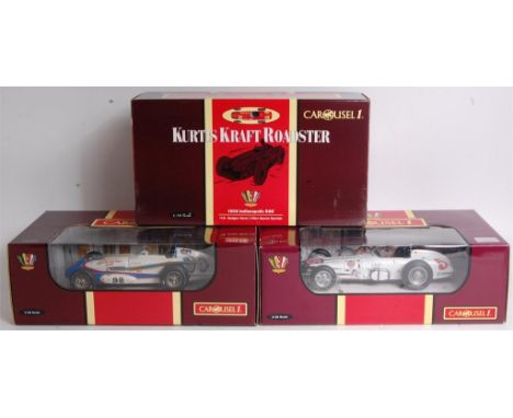 Three boxed Carousel 1, 1/18th scale Indianapolis race cars, all appear as issued to include; No.4415 Watson Roadster 1963, N