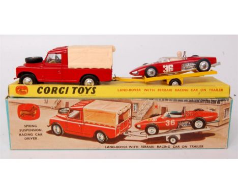 Corgi Toys, gift set 17, Ferrari racing set, comprising of 438 Land Rover in red with peach canopy, red No.154 Ferrari with R