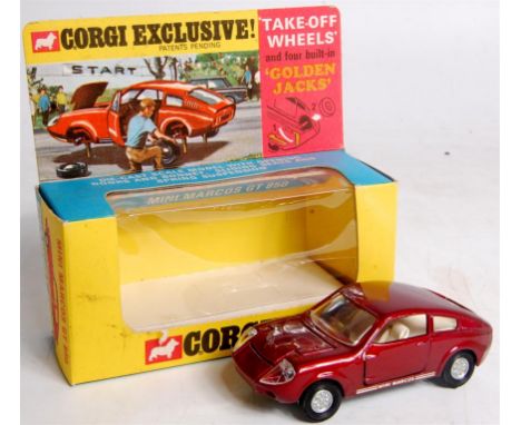 Corgi Toys, 341 Mini Marcos GT850, metallic maroon body with cream interior and take-off wheels, in the original window box, 