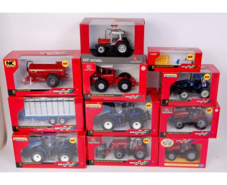 11 modern issue boxed Britains and Universal Hobbies tractor and farming implement diecast group to include; New Holland 670 