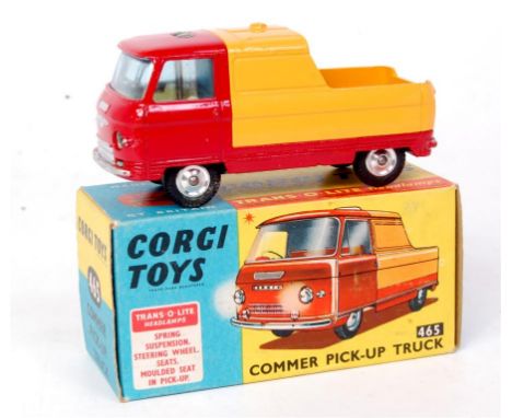 Corgi Toys, 465 Commer pick-up truck, red and yellow body with spun hubs, tras-o-lites, in the original blue and yellow all-c