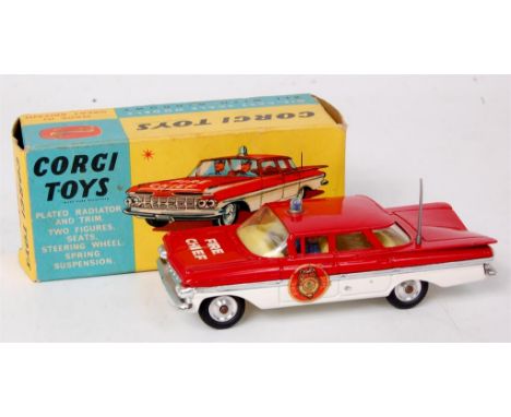 Corgi Toys, 439 Chevrolet Impala fire chief car, red body with lemon interior, Fire Chief to bonnet, rectangular stickers to 