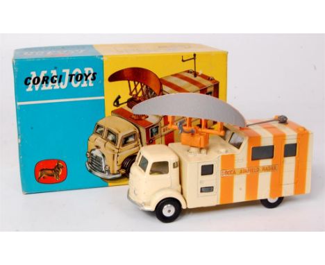 Corgi Toys, 1106 Karrier Decca mobile radar van, cream body with 4 orange bands, with rotating scanner and aerials, in the or