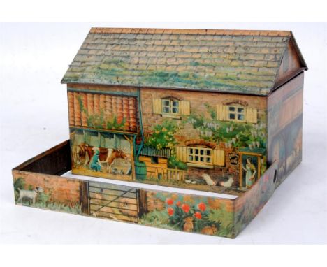 Huntley & Palmers farmhouse biscuit tin, with swivelling fence section, with detailed lithograph farmhouse scenes and images 