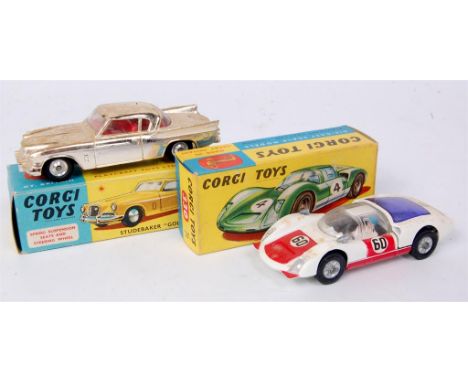 Corgi Toys, boxed diecast group to include; 330 Porsche Carrera 6 (G,BG); No.211S Studebaker Golden Hawk, gold plated body is