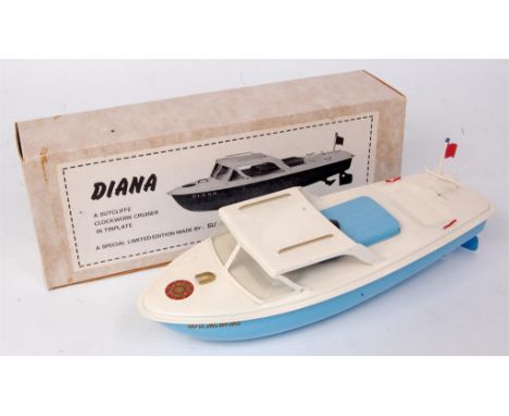 Sutcliffe Models, Diana Cruiser, clockwork, light blue hull with white deck, with black bung and original key, with original 
