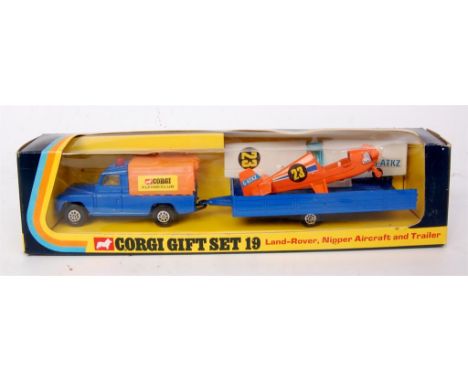 Corgi Toys,gift set 19, Land Rover and Nipper aircraft with trailer, comprising of blue land Rover with orange plastic canopy