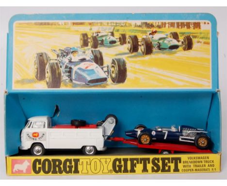Corgi Toys, gift set 6, Cooper Maserati racing set, comprising of 490 VW breakdown truck in white, 156 Maserati in dark blue 