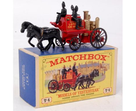 Matchbox Models of Yesteryear - Y4 Horsedrawn Fire Engine "London Fire Brigade" black horses, black plastic figures, brass bo