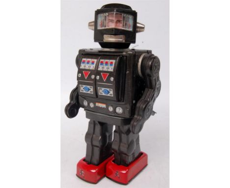 Japanese tinplate Super Astronaut Robot, SH Horikawa?, grey tinplate body, plastic face mask with concealed human face, twin 