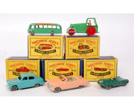 Matchbox, 1-75 series boxed diecast group to include; No.36 Austin A50 with MW (G,Ba/f), No.39 Ford Zodiac convertible with M