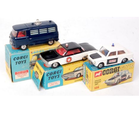 Corgi Toys, boxed emergency vehicle group to include; No.464 Commer police van, transfers rubbed and box a/f (G,Ba/f); No.506