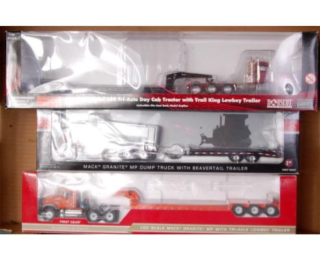 First Gear and Norscot, 1/50th scale heavy haulage diecast group to include; First Gear Mack granite with tri-axle lowboy tra