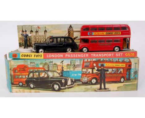 Corgi Toys, gift set 35, London traffic set comprising of; 418 black Taxi with driver and lemon interior (VG); No.468 Corgi T