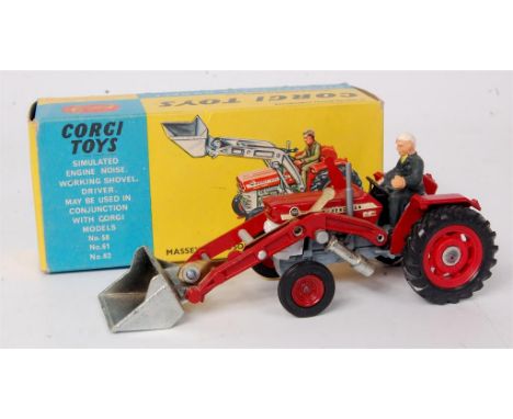 Corgi Toys, 69 Massey Ferguson 165 tractor with shovel, red and grey body with red hubs, silver shovel with driver, in the or