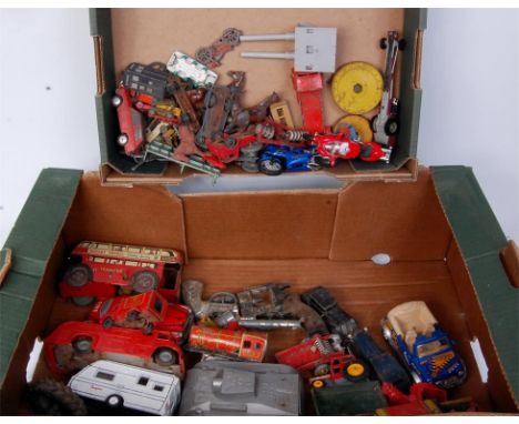 Two trays of mixed playworn diecasts, lead figures and tinplate toys, examples to include; Wells (UK) tinplate and clockwork 