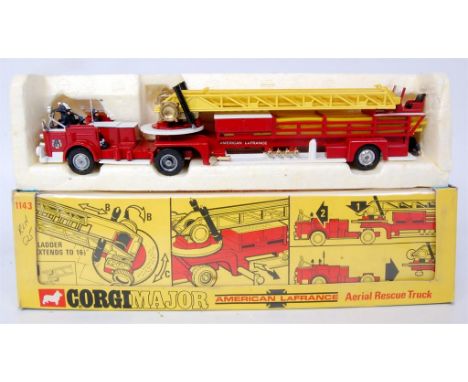 Corgi Toys, 1143 American la France aerial rescue truck, red and white body with yellow extendable ladder, detailed cast hubs