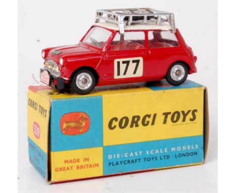 Corgi Toys, 339 Mini Cooper S Monte Carlo Winner, red body with white roof, racing number 177, 2 spare wheels in roof rack, i