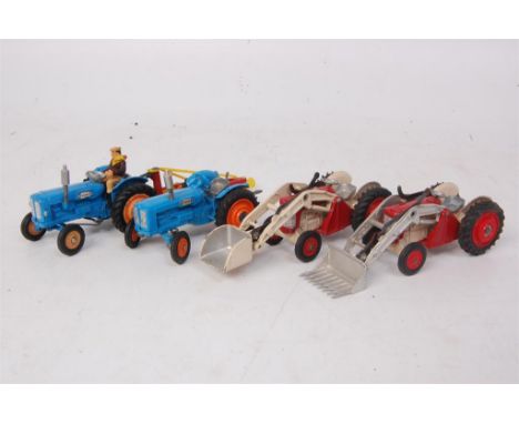 Corgi Toys, tractor and implement group, 4 models to include; No.55 Fordson Super Major with orange metal hubs and plough att