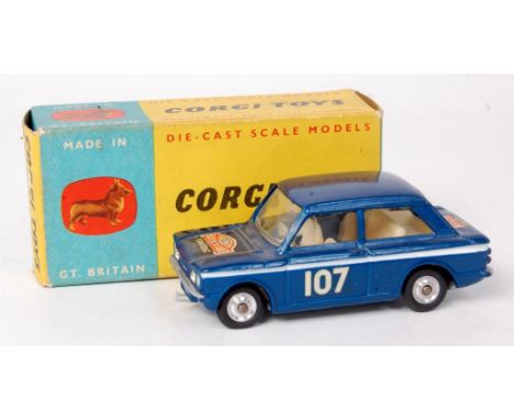 Corgi Toys, 328 Monte Carlo 1966 Hillman Imp, metallic dark blue body with white interior, FRW306C rally plaques with racing 