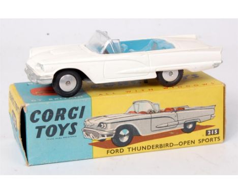 Corgi Toys, 215 Ford Thunderbird Open Sports, white body and blue interior with flat spun hubs, in the original blue and yell