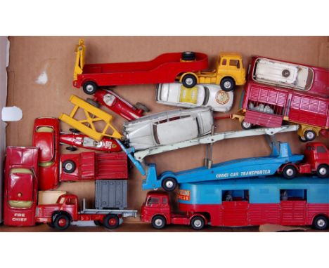 Fifteen mixed playworn Corgi, Dinky and French Dinky diecasts to include; Corgi car transporter, French Dinky Berliet contain