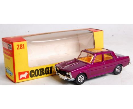 Corgi Toys, 281 Rover 2000 TC, metallic purple body with amber roof, with Whizzwheels, in the original yellow and orange wind