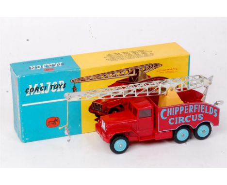 Corgi toys, 1121 Chipperfields circus crane truck, red body with light blue logo and wheels, operable chrome jib with hook, i