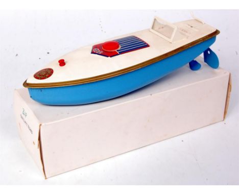 Sutcliffe Models, Zip Supercharge Speedboat, light blue hull with white deck, red bung with original key, in the original whi