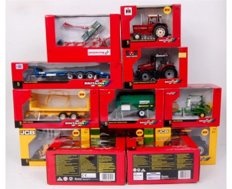 12 modern issue Britains tractor and farming implement diecast group to include; MF 6613 tractor, JCB 550-80 Loadall, JCB Fas