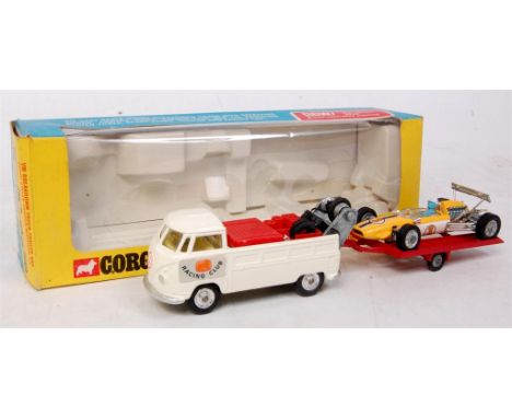 Corgi Gift Set 25 Volkswagen Breakdown Truck and F1 Car - white, red plastic back, spun hubs, door stickers, red trailer, det