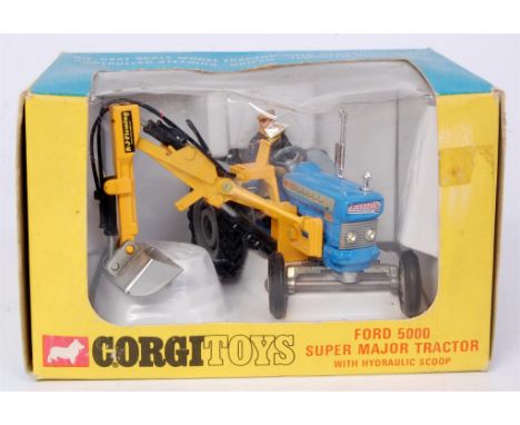 Corgi Toys, 74 Ford 5000 Super Major tractor with scoop, blue Super Major tractor with yellow and silver scoop, with driver, 