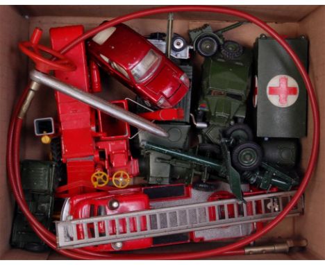 Twelve assorted playworn loose Corgi, Dinky and Britains diecast vehicles, mainly military examples to include; Dinky militar