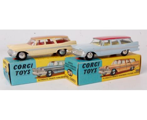 Corgi Toys, boxed diecast group to include; 219 Plymouth Sports Suburban, cream with faun roof and red interior, all card box