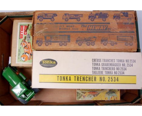 Triang and Tonka tinplate group to include; Triang KL Jones crane, Triang No.2 musical car in blue, Triang No.200 transport v