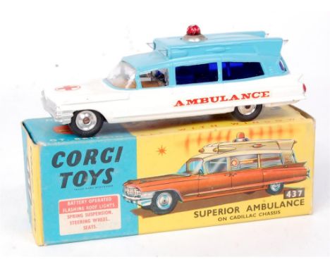 Corgi Toys, 437 Cadillac Superior Ambulance, light blue over white body with Ambulance to sides, red cross on bonnet with red