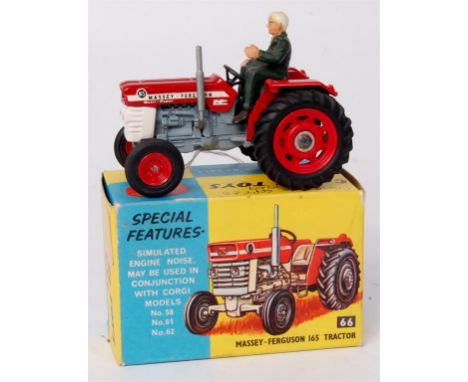 Corgi Toys, 66 Massey Ferguson 165 tractor, red and white body with grey engine, red hubs, in the original blue and yellow al