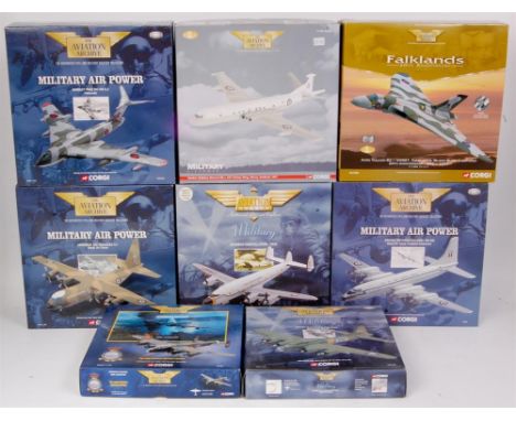 Corgi Aviation Archive, 1/144 scale boxed aircraft group, 8 boxed examples, 6 appear as issued and 2 appear previously displa