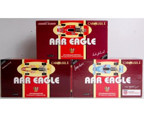 Three boxed Carousel 1, 1/18th scale Indy 500 Car group to include; No.4701 Bobby Unser AAR Eagle, No.4702 Bill Vukovich Jr. 