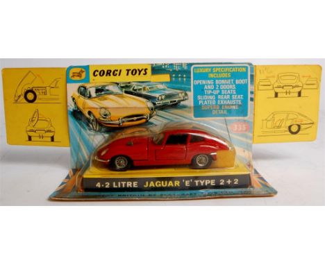 Corgi Toys, 335 Jaguar 4.2 litre E Type, red body with black interior, spoked wheels, in the original wing flap bubble pack (