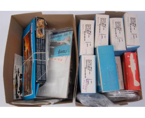 Two boxes of mixed scale Eastern European kits to include; Novo, Novo Export, Arba, Frog and Dubenu, mixed aircraft, some exa