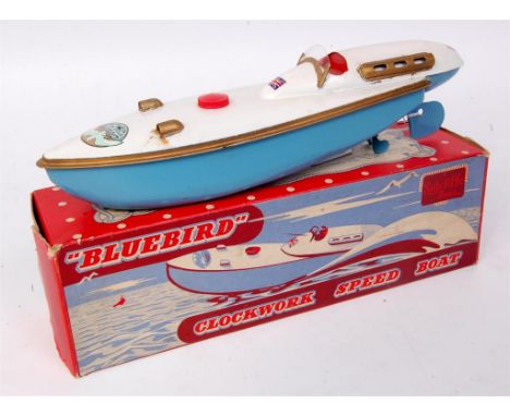 Sutcliffe Models, Bluebird 1 Wonder Speedboat, clockwork, light blue hull with white deck and gold detailing, with Union Jack