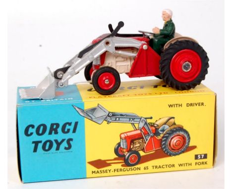 Corgi Toys, 57 Massey Ferguson 65 tractor with fork, red and cream body with silver forks and red plastic hubs, with driver, 